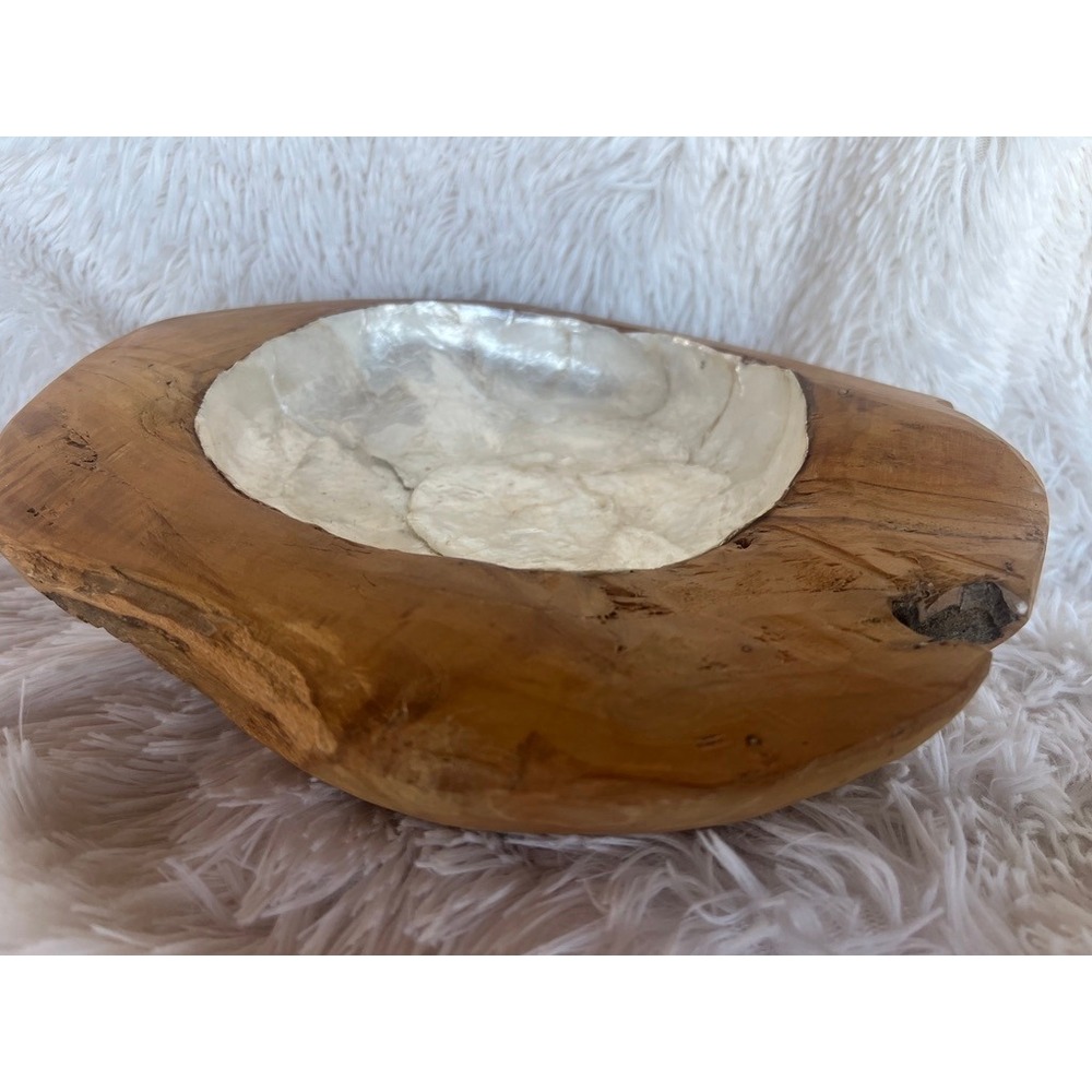 Burl‎ Wood Capiz Shell Lined Bowl Organic Coastal Centerpiece Rustic Decor